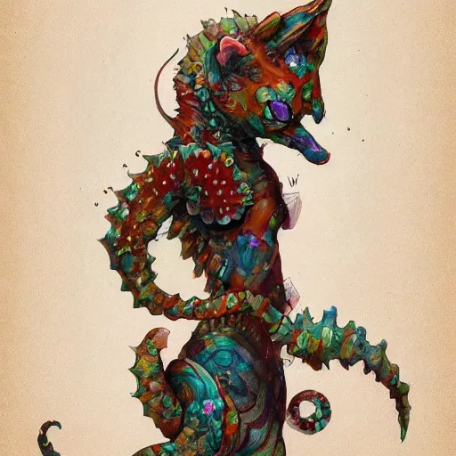 Image similar to cat seahorse shapeshifter, humanoid fursona by WLOP and Peter Mohrbacher and Louis Wain, furaffinity, trending on artstation