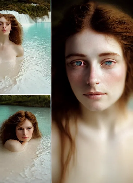 Image similar to Kodak Portra 400, 8K, soft light, volumetric lighting, highly detailed, britt marling style 3/4 ,portrait photo Close-up portrait photography of a beautiful woman how pre-Raphaelites, the face emerges from Pamukkale, thermal waters flowing down white travertine terraces, inspired by Ophelia paint ,and hair are intricate with highly detailed realistic beautiful flowers , Realistic, Refined, Highly Detailed, interstellar outdoor soft pastel lighting colors scheme, outdoor fine art photography, Hyper realistic, photo realistic