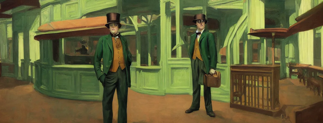 Image similar to steampunk time traveller on a green background by edward hopper high contrast