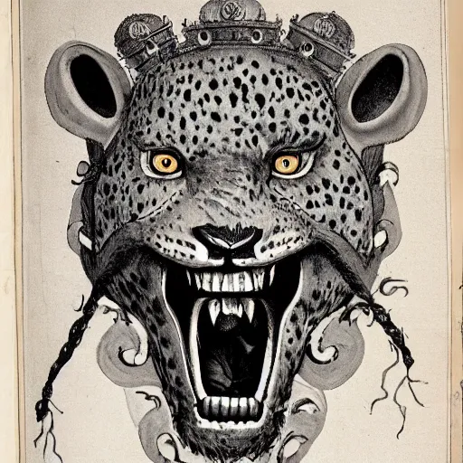 Prompt: a beast resembling a leopard but with bear feet and a lion mouth having seven heads each head with ten horns each horn with a crown and a healed fatal wound on one of its heads