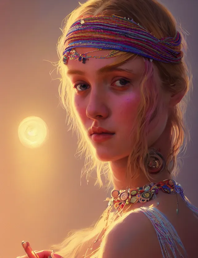 Image similar to portrait of a young woman wearing a boho dress, hippie girl, short blonde hair, groovy hairband, bangs, intricate, smooth, groovy lighting, highly detailed, digital painting, artstation, concept art, smooth, sharp focus, illustration, art by wlop, mars ravelo and greg rutkowski