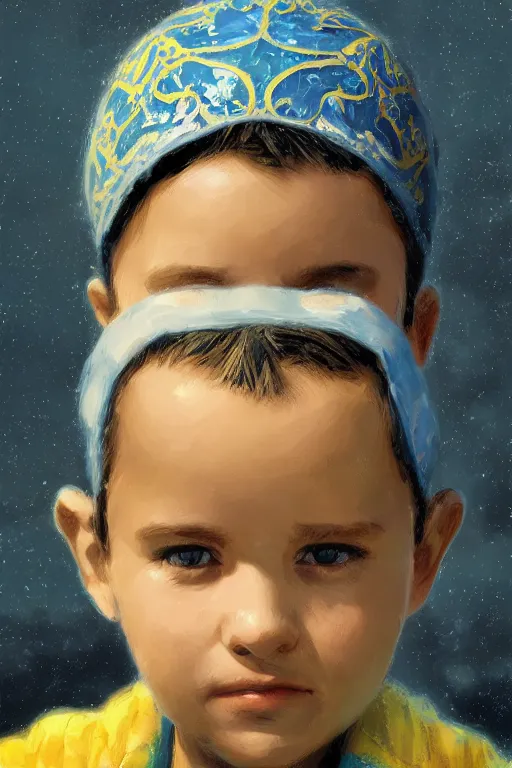 Image similar to little boy, close - up portrait, the portrait is decorated with blue and gold art deco patterns, powerfull, intricate, elegant, volumetric lighting, scenery, digital painting, highly detailed, artstation, sharp focus, illustration, concept art, ruan jia, steve mccurry