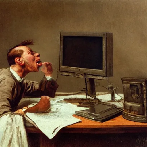 Image similar to an angry man yells at his computer monitor, oil on canvas, 1 8 8 3, highly detailed