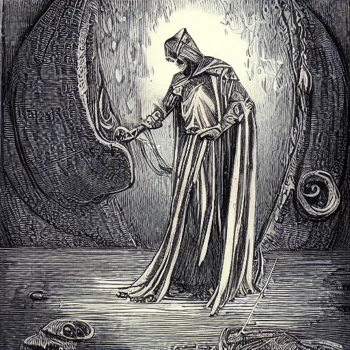 Image similar to illustrations of tarot cards in the style of gustave dore