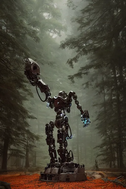 Image similar to A large mechanical robot statue in the middle of a forest by Greg Rutkowski, Sung Choi, Mitchell Mohrhauser, Maciej Kuciara, Johnson Ting, Maxim Verehin, Peter Konig, final fantasy , 8k photorealistic, cinematic lighting, HD, high details, atmospheric,