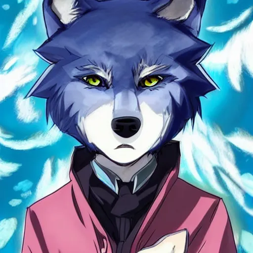 Image similar to modern anime still an anthro dark blue wolf furry fursona in a lavish outfit, handsome anime eyes, key anime visuals with anime environmental background