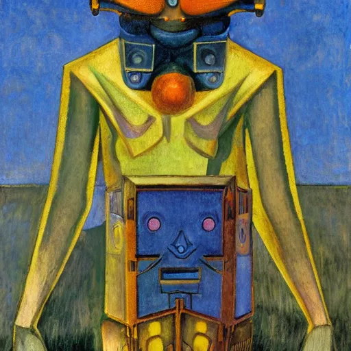 Prompt: the crow in her robot mask stands on the lawn, by annie swynnerton and kit williams and diego rivera and leo and diane dillon and nicholas roerich, symbolist, dramatic lighting, elaborate geometric ornament, art brut, god rays, soft cool colors, smooth, sharp focus, extremely detailed