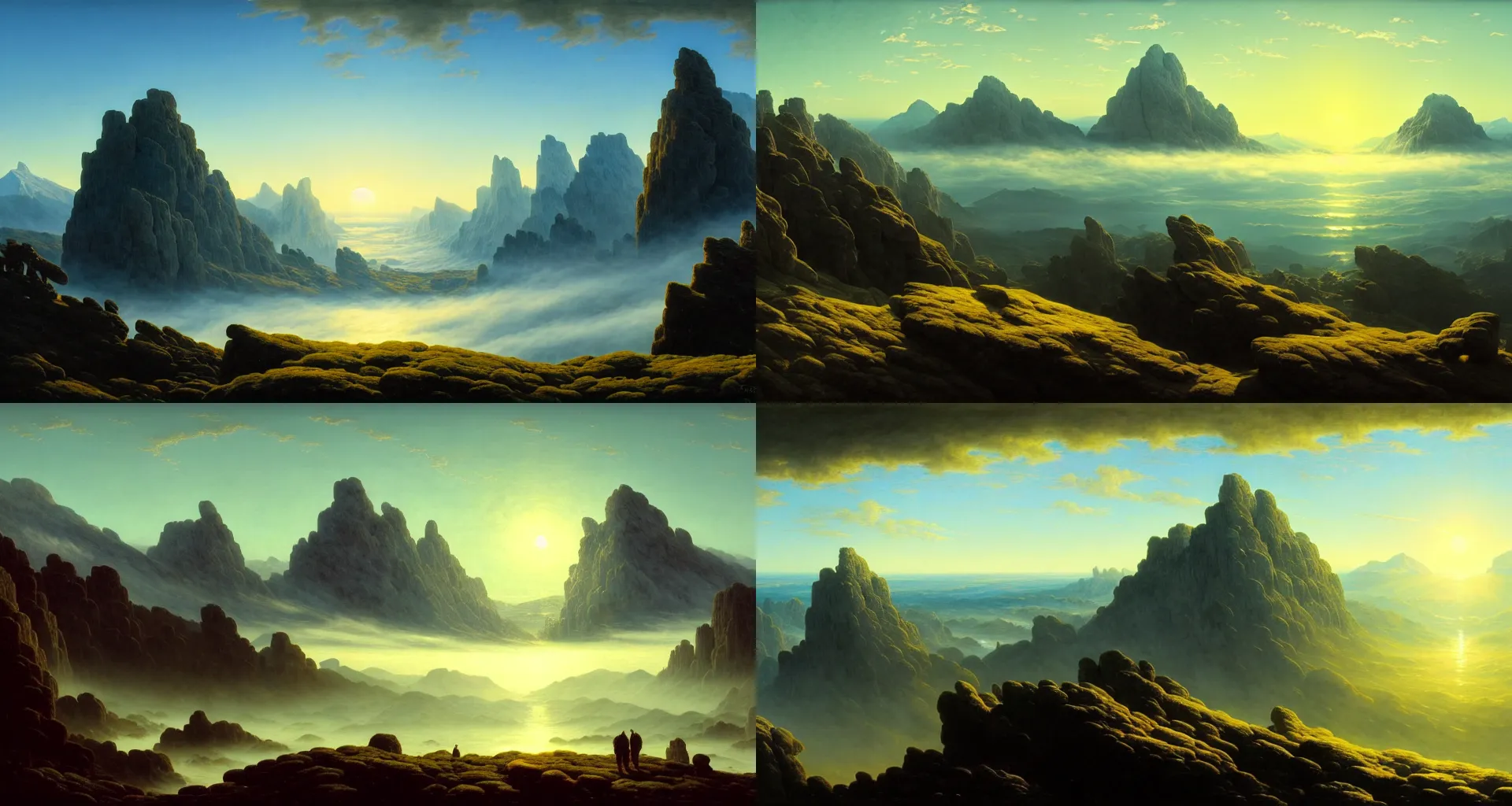 Prompt: highly detailed photo of dreamy mountains and sea of clouds, sunlit sky, art by caspar david friedrich and andreas rocha, super wide angle, concept art, 8 k detail post - processing