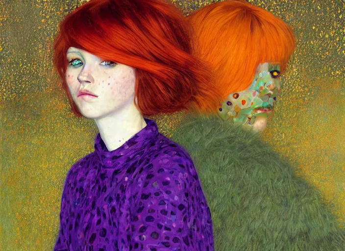 Image similar to portrait Girl with orange hair and freckles, green eyes, fine face pretty face, purple background, fine details, by Ilya Kuvshinov and Gustav Klimt