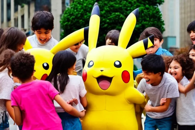 Image similar to a group of children are crowded around a life size pikachu and they looking directly it and they are laughing at it