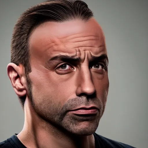 Prompt: a man who is a genetic combination of joe rogan and andrew tate and alex jones and jordan peterson, face and upper - body focus, detailed eyes, photograph taken in 2 0 2 0, award winning photograph