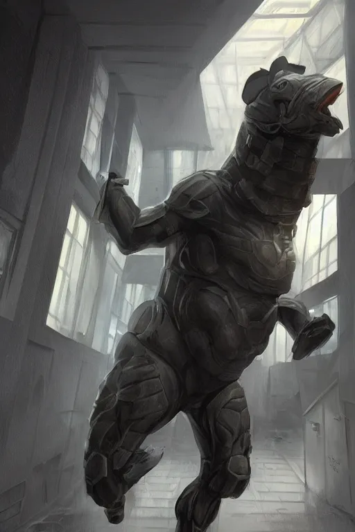 Image similar to a exaggeratedly muscled black - coated anthropomorphic horse wearing a skintight tactical clothing, test subject supersoldier, in a corridor of a research facility, game character, highly detailed, digital painting, artstation, concept art, illustration, art by artgerm, greg rutkowski, wlop