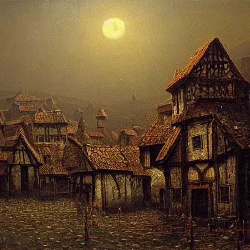 Image similar to an very high detaild oil painting of an old european medieval village painted by beksinski, eerie, midnight