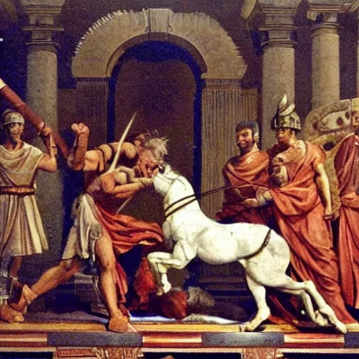 Image similar to caesar being killed by brutus on senate floor, surreal, roman architecture, roman dress style.