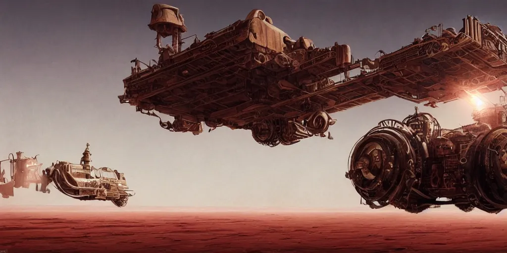 Prompt: steampunk hovercraft speeding across a red desert, greg rutkowski, 8 k, shallow depth of field, intricate detail, concept art,