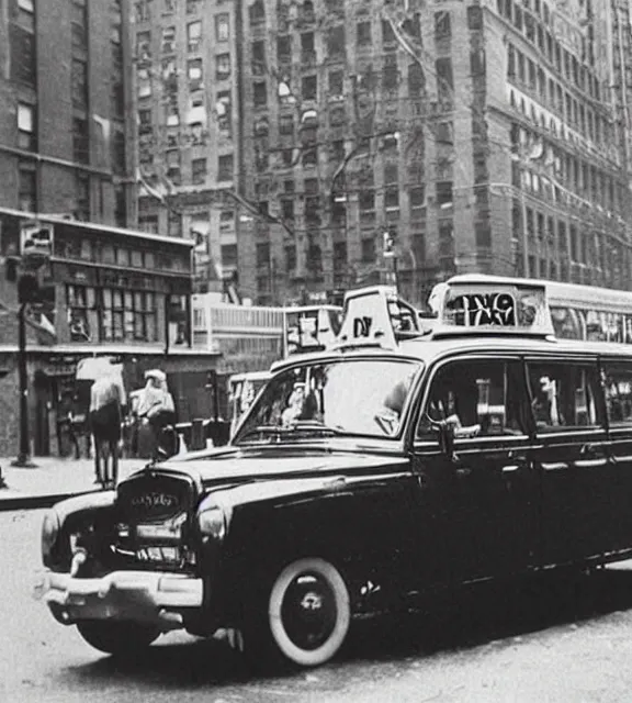 Image similar to a vintage photo of a taxi cab driving on a new york city road.