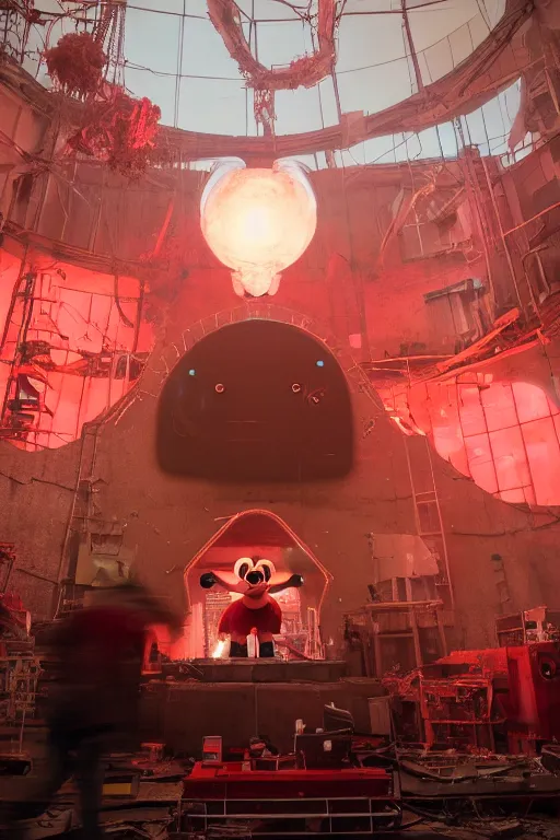 Image similar to workers repairing big mickey mouse head in abandoned computer facility, in background red glowing netflix logo. made by beeple, cgsociety, unreal engine, octane render, greg rutkowski, alphonse mucha, cinematic lighting, dark room, low light, sharp focus, 4 k highly detailed art