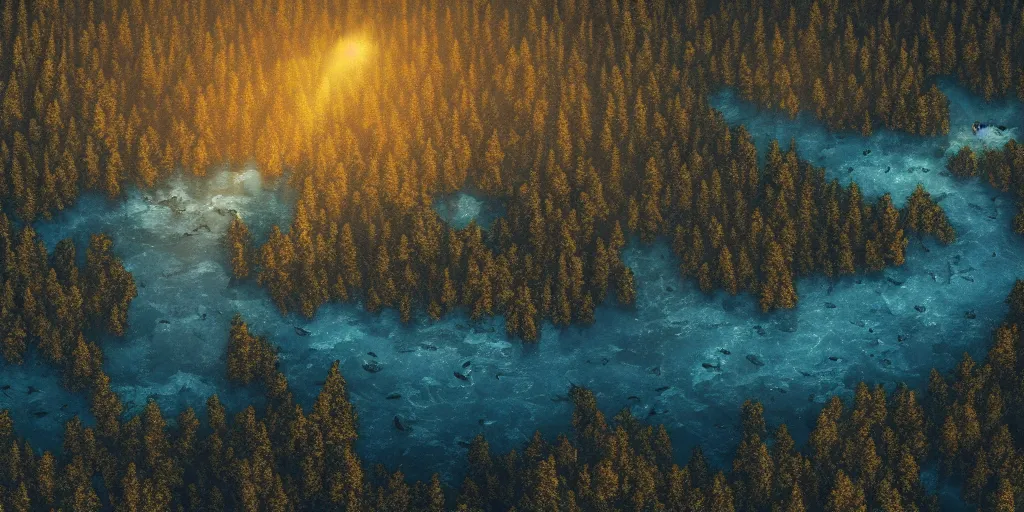 Image similar to epic birdseye view of a long shoreline on the edge of a dark forest and hills with evil eyes glowing between trees, drowned medieval woman shipwrecked on the shore, far in the distance is a vertical beam of light, dramatic dark glowing golden neon sunset, dynamic lighting, hyperrealistic, hd 4 k, artstation