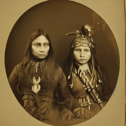 Image similar to victorian photo portrait of Predator and a native american warrior girl, 1825