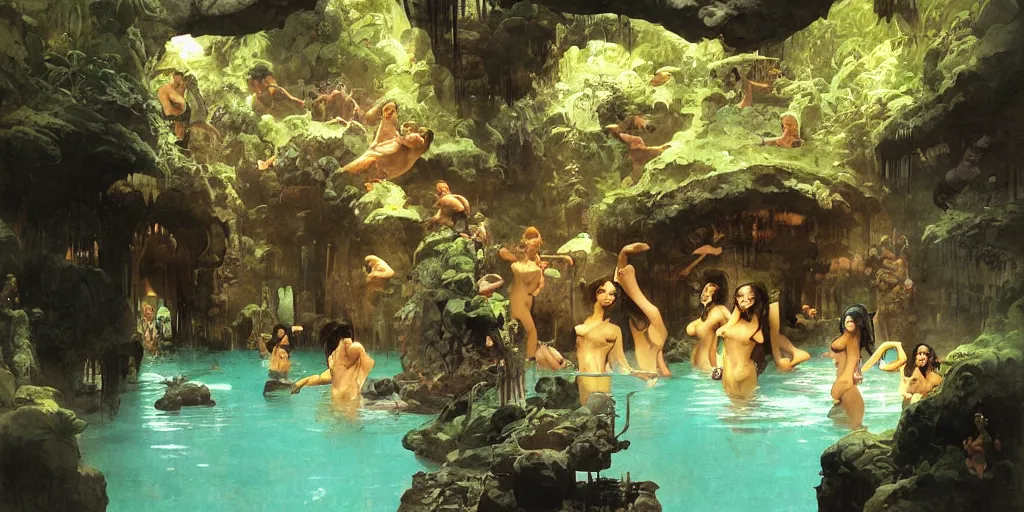 Image similar to a tropical cave that renovate as a luxury interior as a harem of beautiful women bathe in the waters and surround our protagonist by syd mead, frank frazetta, ken kelly, simon bisley, richard corben, william - adolphe bouguereau, detailed concept art