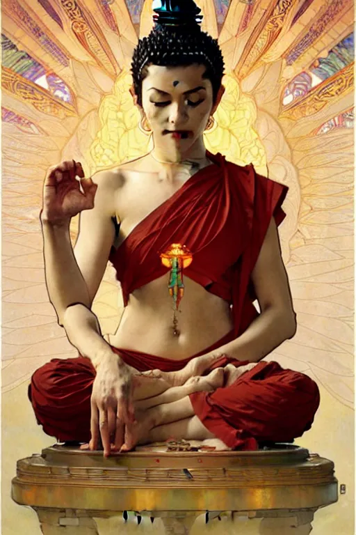 Prompt: buddhism, painting by greg rutkowski, artgerm, j. c. leyendecker, alphonse mucha