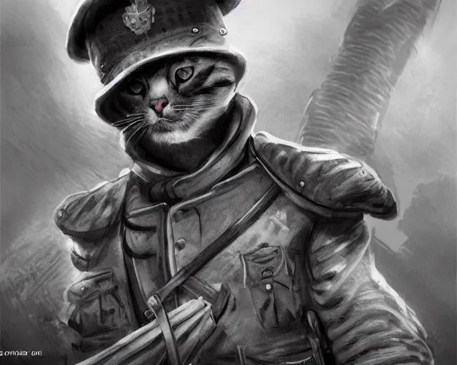 Image similar to A cat wearing soldier uniform in a world war 1 trench, close-up, black and white, amazing digital art, hyper detailed, artstation, in the style of Tony Sart