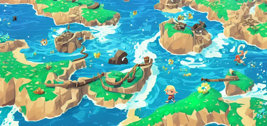 Image similar to water inspired by zelda wind waker and animal crossing