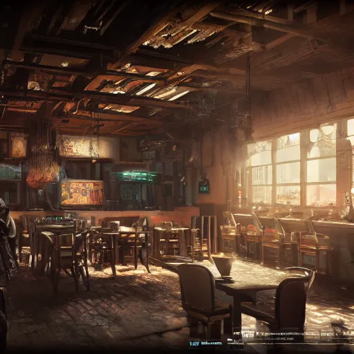 Prompt: ultra mega super hyper realistic Digital concept interior design of tavern in Cyberpunk style mixed with medieval style. More cyberpunk less medieval. Natural white sunlight from the transperient roof. Rendered in VRAY and DaVinci Resolve and MAXWELL and LUMION 3D, Volumetric natural light