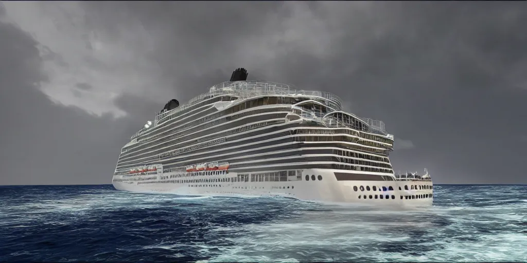 Image similar to the cruise ship lies on its side at sea, dark, thunderstorm unreal engine Hight detailed An epic fantastic realism dinamic lighting