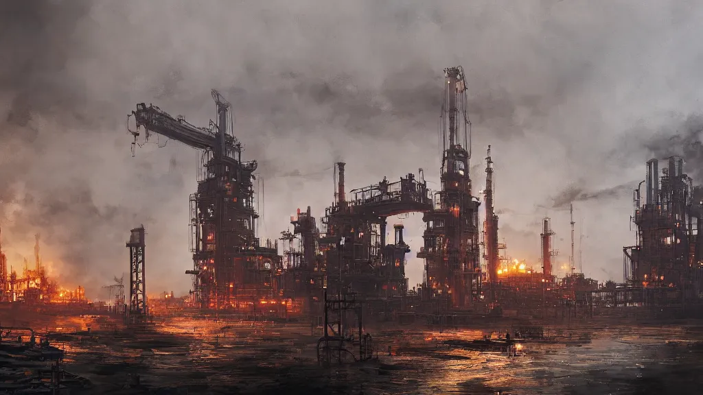 Prompt: view of oil jack pumps, flare stacks and engineers, papyrus, watercolored, jakub rozalski, dark colours, dieselpunk, artstation