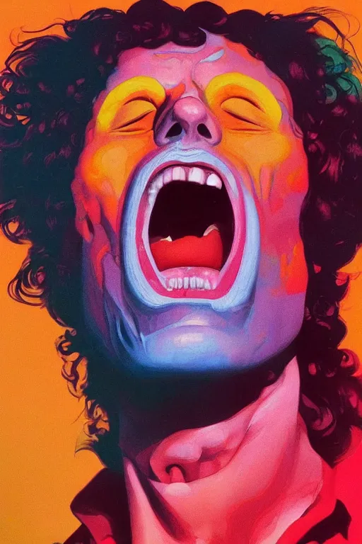 Prompt: a colorful vibrant closeup portrait of a jim morrison licking a tab of lsd acid on his tongue and dreaming psychedelic hallucinations, by moebius, edward hopper and james gilleard, zdzislaw beksinski, steven outram colorful flat surreal design, hd, 8 k, artstation