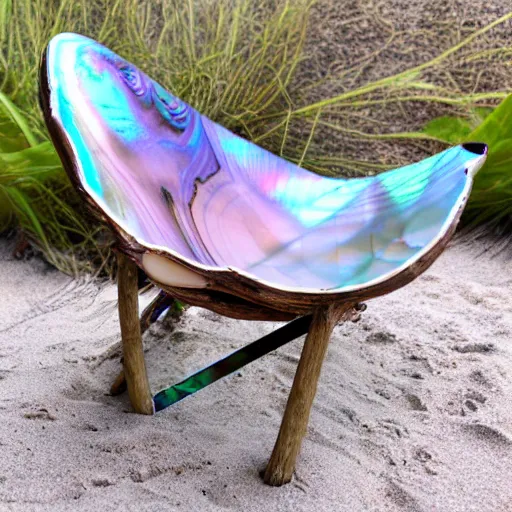 Image similar to beach chair made of large iridescent abalone shell, nacre, driftwood, sunny 35 mm product photo