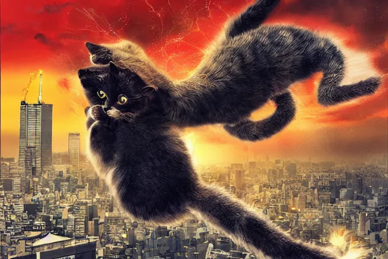 Image similar to cat attacking Tokyo, disaster movie poster, masterpiece, masterwork, cgstudio