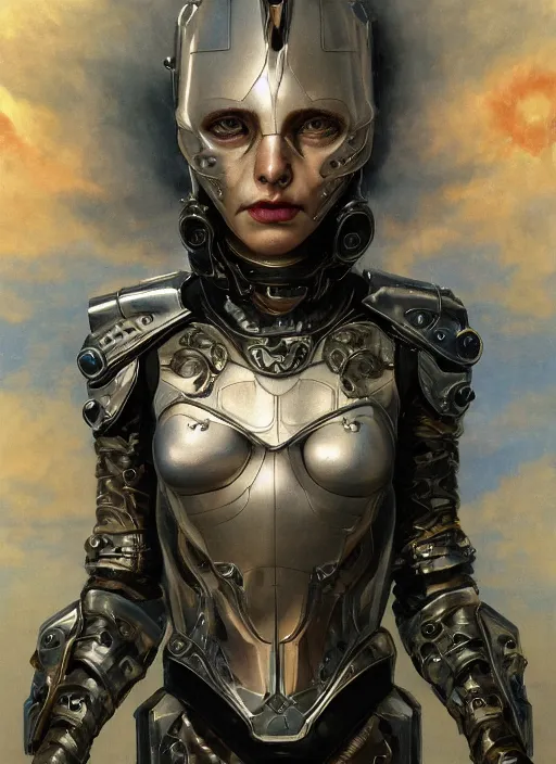 Image similar to symmetry! portrait of a beautiful biblical diabolical agile girl, in reflective porcelain cyborg armor, in clouds, cinematic studio light! windy, sunrise, by gerald brom, by mikhail vrubel, by peter elson, muted colors, extreme detail! trending on artstation, 8 k