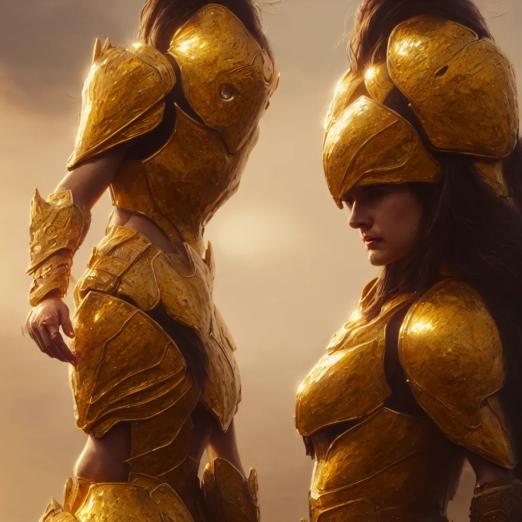 Image similar to hyper realistic and highly detailed woman golden armor, greg rutkowski, zabrocki, karlkka, jayison devadas, intricate, trending on artstation, 8 k, unreal engine 5, pincushion lens effect