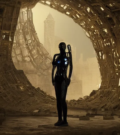 Prompt: tarkovsky greatest scene, aura of the ancient destroyed majestic tower of babylon, woman in gantz suit, futuristic cyber clothing, transparent puffer jacket, hyperealistic, blockchain, cyber world, ambient lighting, concept art, intricate, hyper detailed, smooth, dynamic volumetric lighting, octane, ray trace, cinematic, high quality, cgsociety