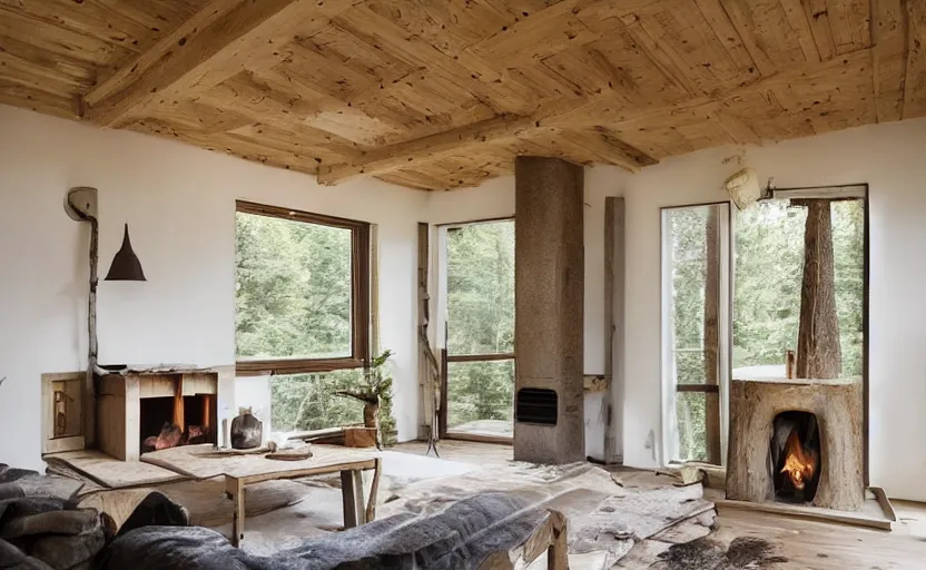 Prompt: rustic modernist cabin living room, large window with a view of a forest, white walls, oak wood timberwork, feng shui, fire place, bohemian, german style, cozy, swedish design