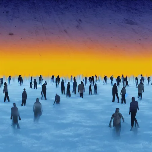 Image similar to illustration of rows of humans hanging on hooks in an ice box, fog rolling on the ground