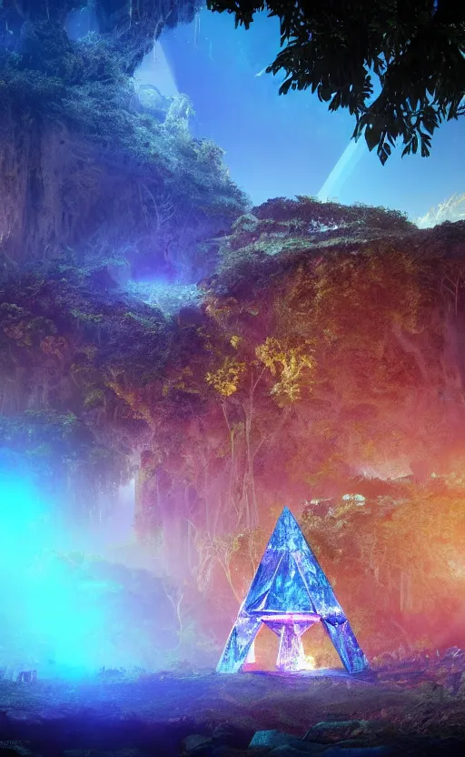 Image similar to a glowing blue crystal tetrahedron!!! in the middle of ancient ruins in a lush prehistoric jungle, inside a humongous cave, red and magenta flowers, sunset, godrays, orange and blue sky, haze, volumetric lighting, digital render, photorealistic, unreal engine 5, ultra detail, trending on artstation