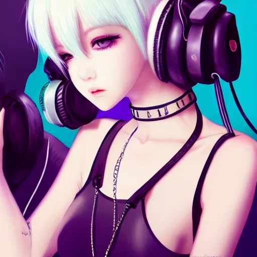 Image similar to realistic teasing detailed semirealism beautiful gorgeous cute Blackpink Lalisa Manoban white hair white cat ears blue eyes, wearing black camisole outfit, headphones, black leather choker full HD 4K high resolution quality WLOP, Aztodio, Taejune Kim, Guweiz, Pixiv, Instagram, Artstation