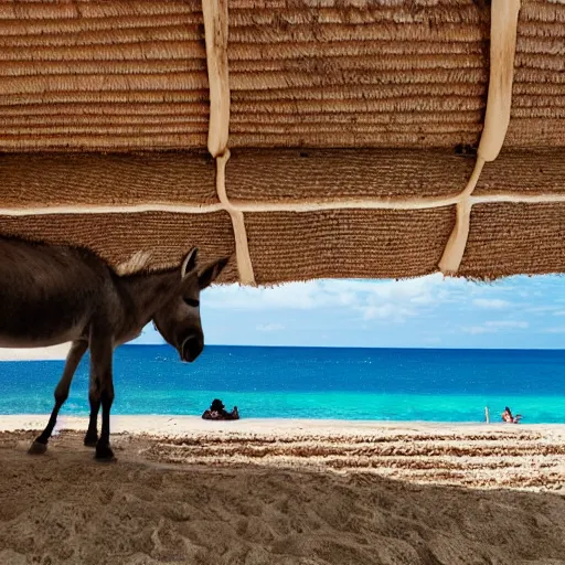 Image similar to A donkey lying on a sunbed near the beach, photorealistic