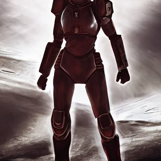 Prompt: a young female soldier with soot stained face, no makeup, in glossy sleek white bloodstained armor inspired by samus aran, long torn red cape, heroic posture, determined expression, no helmet, on the surface of mars, dramatic lighting, cinematic, sci-fi, hyperrealistic, detailed