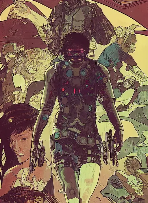 Image similar to cyberpunk beach bum. portrait by ashley wood and alphonse mucha and laurie greasley and josan gonzalez and james gurney. splinter cell, apex legends, rb 6 s, hl 2, d & d, cyberpunk 2 0 7 7. realistic face. character clothing. vivid color. dystopian setting.