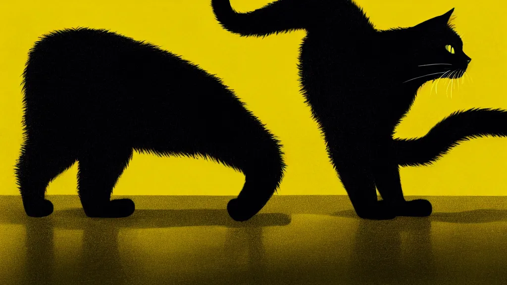 Prompt: a very detailed image of a big black cat wearing a yellow raincoat standing on his back feet in a style of sid mead, cinematic, wide lens, film still from the movie directed by denis villeneuve