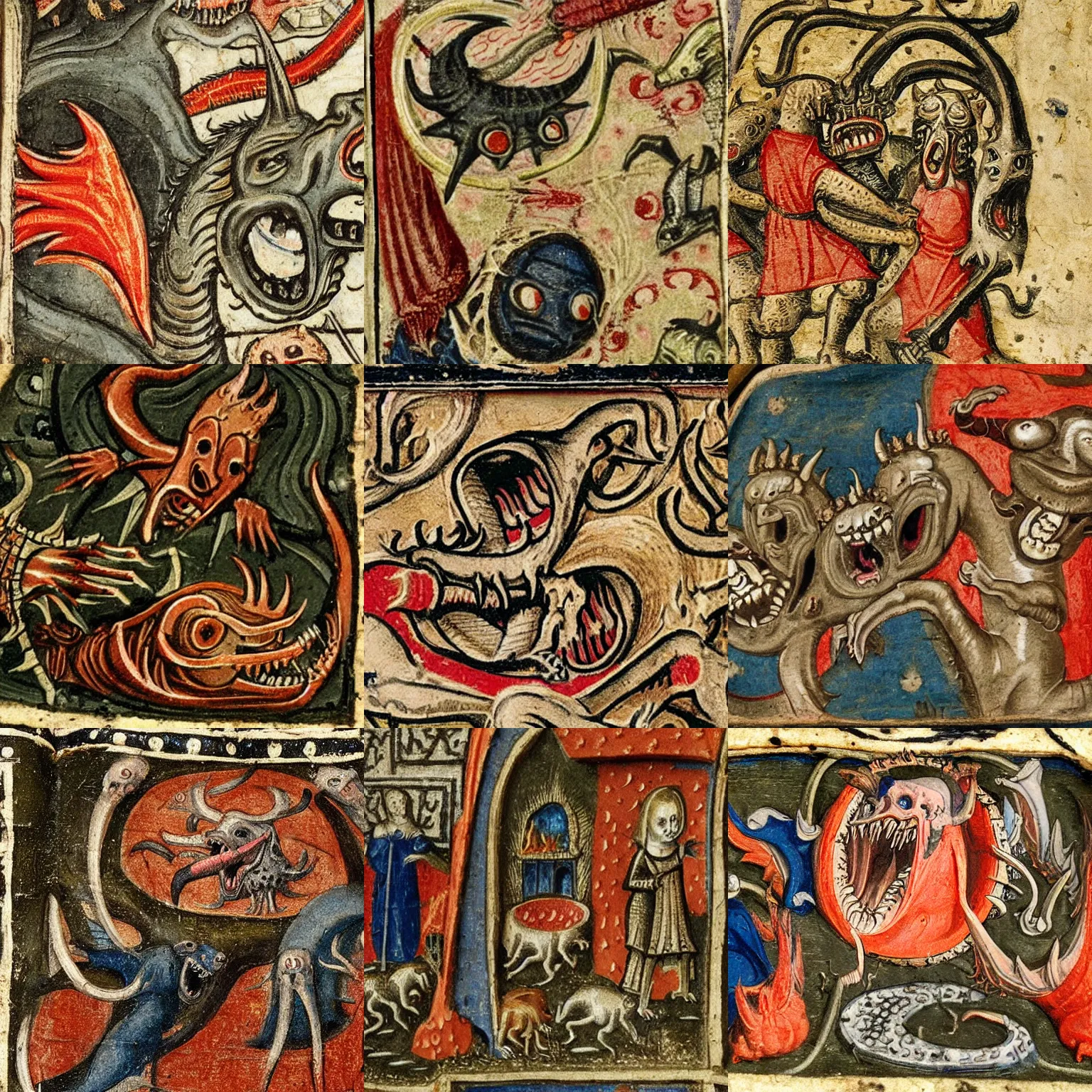 Prompt: detail of a medieval miniature portraying a hell - mouth devouring creatures from the hours of catherine of cleves,