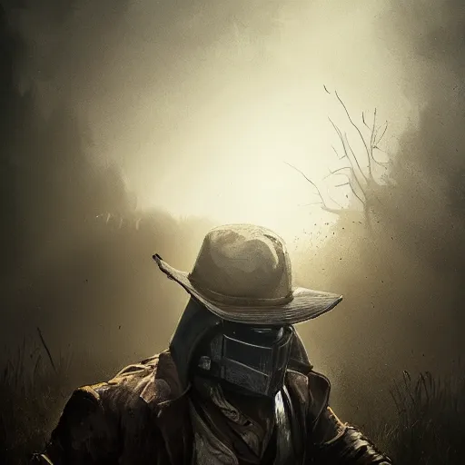 Image similar to a digital portrait of a male bounty hunter from hunt showdown, hyper realistic, horror, back lighting, in the style of greg rutkowski,