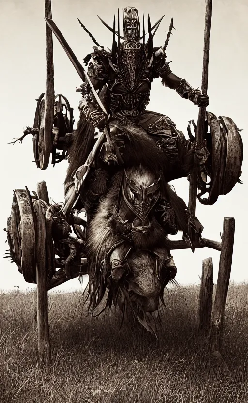 Prompt: vertical movie frame with heavy warrior riding ancient wood buggy, hunting, armor inspired by diablo barbarian and fashion, strong blooded body, brutal blooded symmetrical face, epic, cinematic lighting, award winning, establishing shot, extremely high detail, photorealistic, brutal, provocative, natural lighting, octane render, old photo, vintage, black and white, sepia, old photography, documentary photography