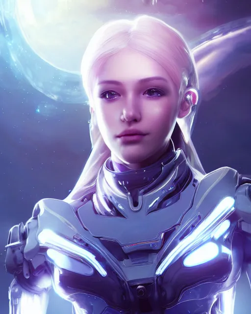 Image similar to photo of a beautiful girl on a mothership, android, warframe armor, pretty face, scifi, futuristic, galaxy, raytracing, dreamy, perfect, aura of light, pure, white hair, blue cyborg eyes, glow, insanely detailed, artstation, innocent look, art by gauthier leblanc, kazuya takahashi, huifeng huang