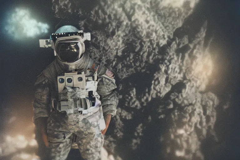 Prompt: a military soldier in outer space, film photography, soft lighting, nostalgia, 8 mm