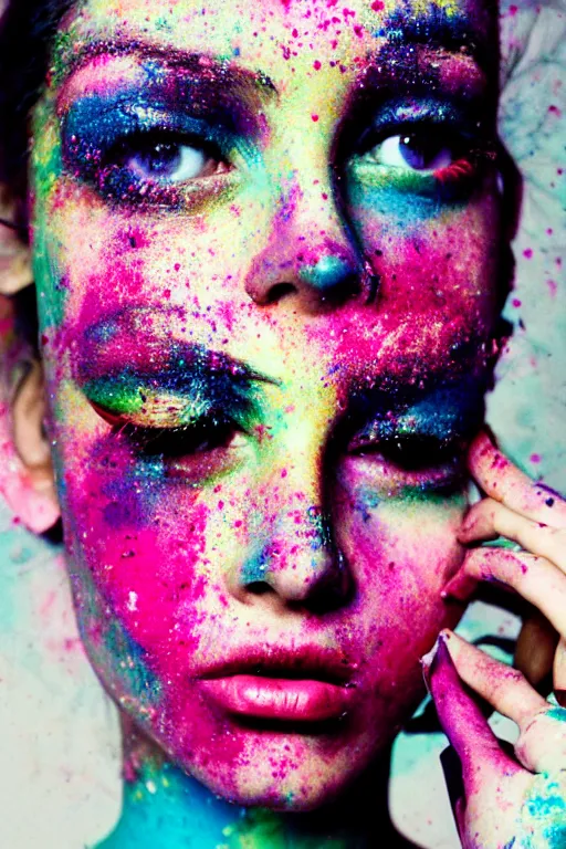 Image similar to An instax film still of a girl covered in holi powder featured in Vogue and GQ editorial fashion photography, beautiful eye, symmetry face, haute couture dressed by Givenchy and Salvatore Ferragamo